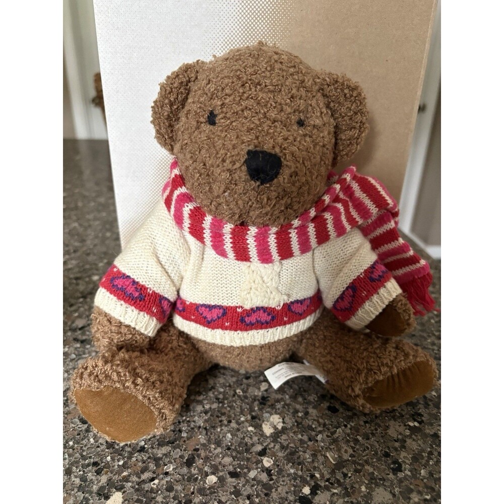 Vintage Gymboree Plush Teddy Bear White Knit Sweater Pink Hearts Striped Scarf